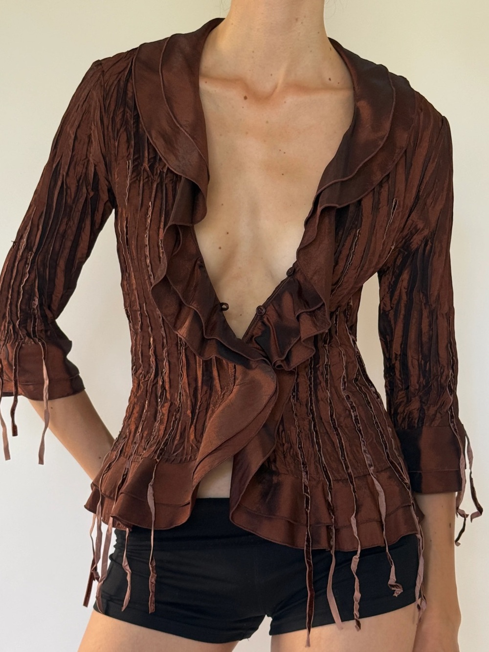 Y2K Agora Crinkle Ruffle Velvet Striped Fringe Iridescent Copper Blouse Top Diva